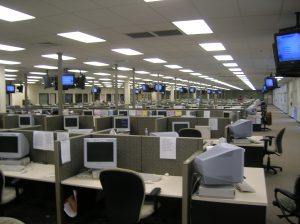 empty call center with computer stations